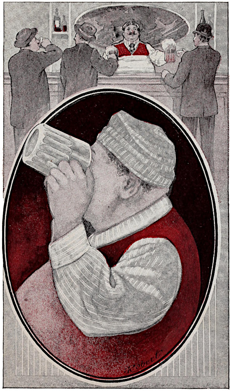 Three men being served beer by the bartender; fat man downing a glass of beer