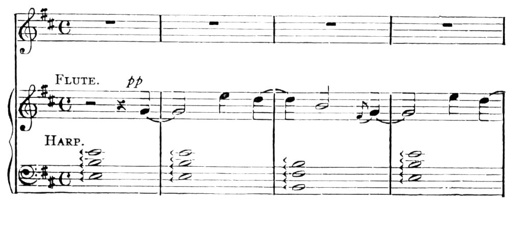 The beginning of a passage of music; the lyrics are the passage from the play beginning "The boughs of the hazel shake".