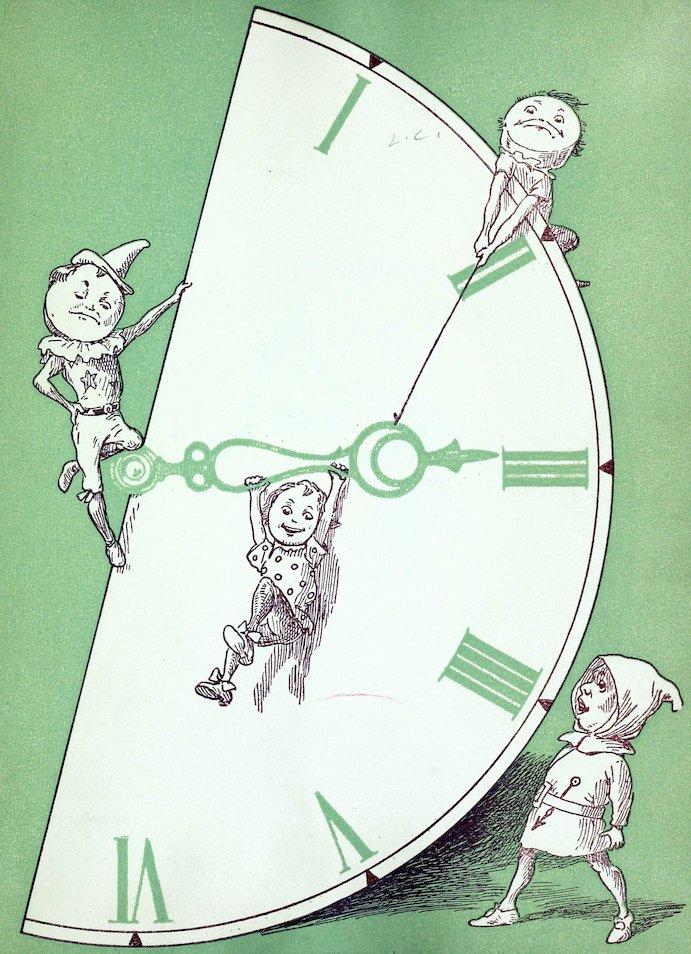 A continuation of the clock face illustration on a green background, showing various characters interacting with the Roman numerals I through VI and the clock