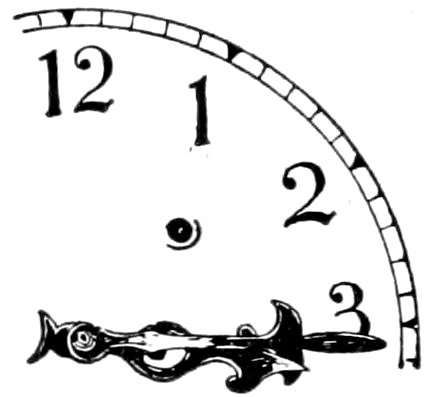 A partial clock face showing the numbers 12, 1, 2, and 3, with ornate hands pointing 3:16 o’clock.