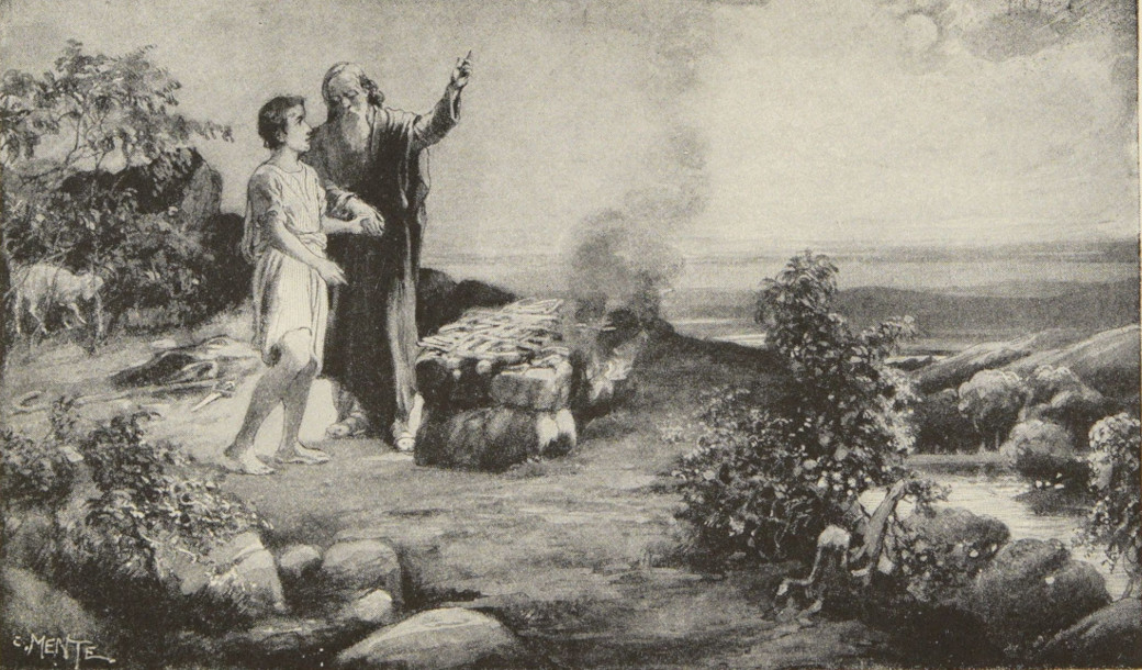 Abraham and Isaac stand next to the burning wood of the altar.