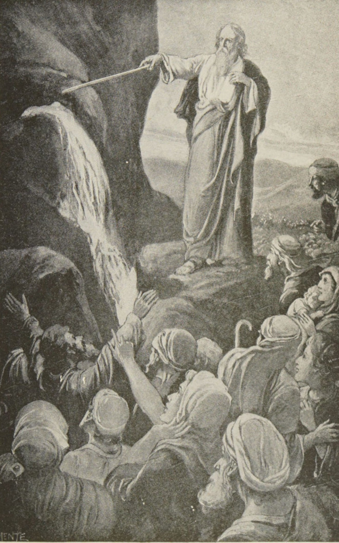Moses strikes the rock.
