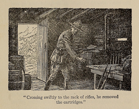 "Crossing swiftly to the rack of rifles, he removed the cartridges."