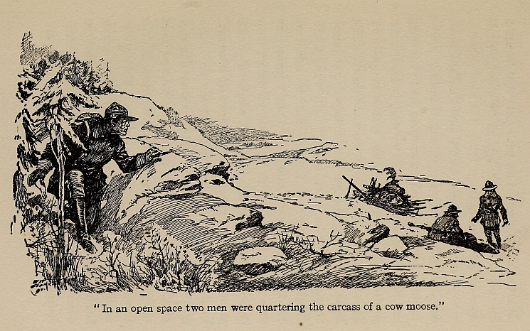 "In an open space two men were quartering the carcass of a cow moose."