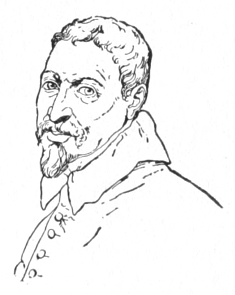 Bust of Faccini, chest facing slightly left, looking forward; mustache, goatee, and short hair.