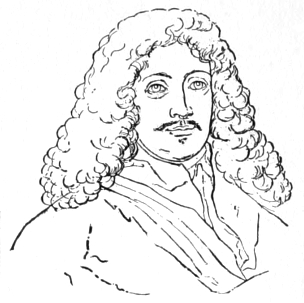 Bust of Ferri facing forward; thin mustache, long curly locks below his shoulders (wig?)
