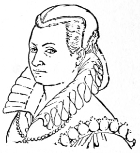 Bust of Fontana, facing left, gazing forward; cap over her hair and high ruff around neck.