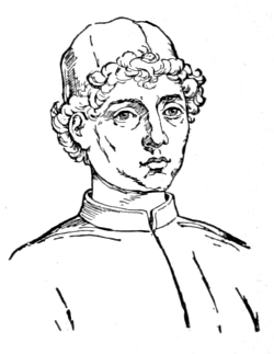 Bust of Francesca, facing slightly right; clean shaven, short curly hair, wearing a cap.
