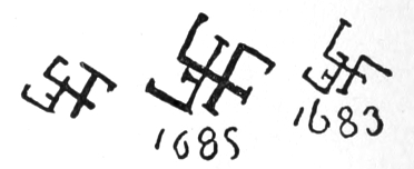 3 sets of interlocking initials, each with 3 letters, F; below two are the years 1685 and 1683.