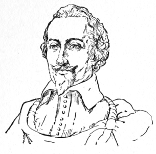 Bust of Fréminet, facing slightly left; mustache and full goatee, curly hair; wears a high collar up to his chin.