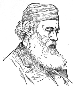 Bust of Gilbert, facing slightly right; long full beard and mustache, curly hair, wearing a soft cap covering most of his head.