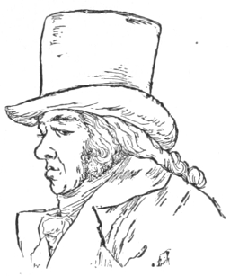 Bust of Goya y Lucientes, facing left; clean shaven, curly locks down his back, wearing a top hat.
