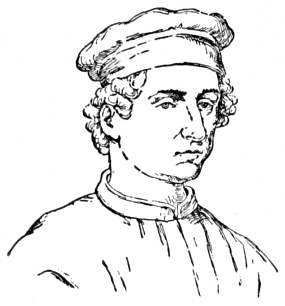 Bust of Bozzoli, facing slightly right; clean shaven, short curly hair, covered with a soft cap