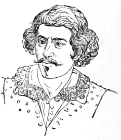 Bust of Il Guercino, facing slightly left; mustache and goatee; curly hair below the ears; wearing a lace collar.