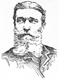 Bust of Harrach, facing forward, eyes looking to left; full beard and mustache; hair parted in the center.