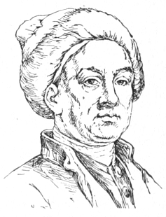 Bust of Hogarth, facing slightly right; clean shaven, wearing a soft cap over his head.