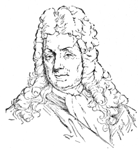 Bust of Hondecoeter, facing forward; clean shaven, wear a long curly wig that extends mid-chest.