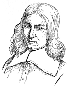 Bust of De Hooch, facing forward; clean shaven with long hair to his shoulders.
