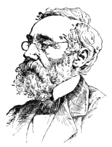 Bust of Israels: facing left; full mustache and beard, side whiskers, wire-rim glasses, wavy hair.