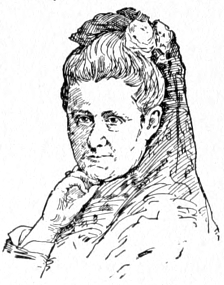 Bust of Jacquemart, facing forward; right hand on her chin; hair bound at the top with flowers and a veil.