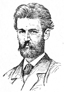 Bust of Kaulbach, facing forward; thick trimmed beard and flowing mustache; thick hair brushed away from frce.