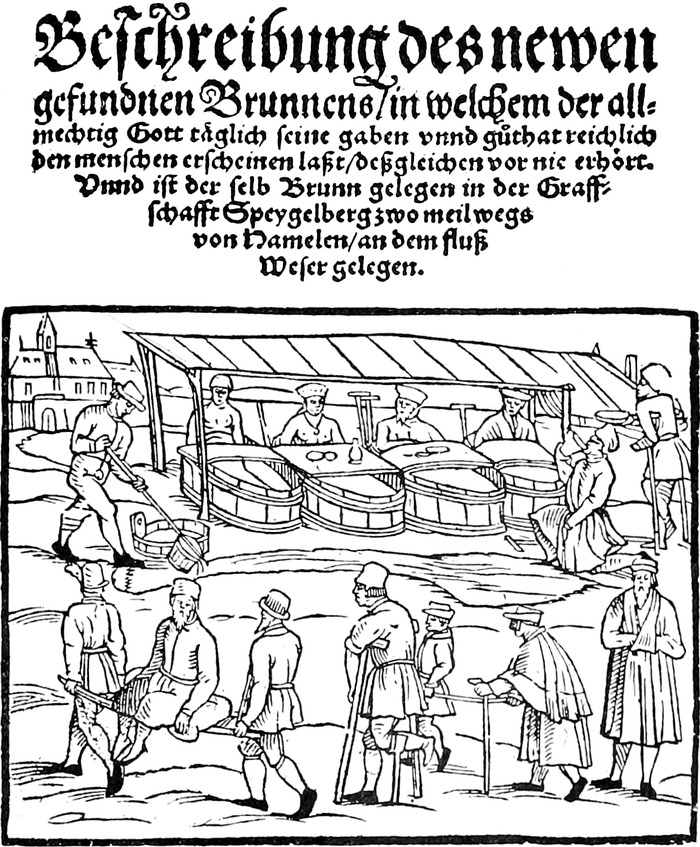 Originaltext des Holzschnitts
  in aktueller Rechtschreibung: Beschreibung des neu gefundenen Brunnens, in
  welchem der allmächtige Gott täglich seine Gaben und Wohltat reichlich den
  Menschen erscheinen lässt, desgleichen nie zuvor gehört. Und es ist derselbe
  Brunnen in der Grafschaft Spiegelberg gelegen, zwei Meilen Weges von Hameln,
  an dem Fluss Weser gelegen.