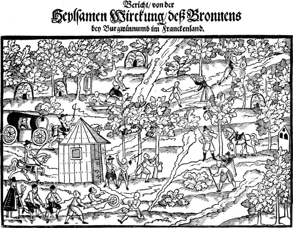 Original Bildüberschrift des
  Holzschnitts in aktueller Rechschreibung: Bericht von der heisamen Wirkung
  des Brunnens bei Burgwindheim im Frankenland.