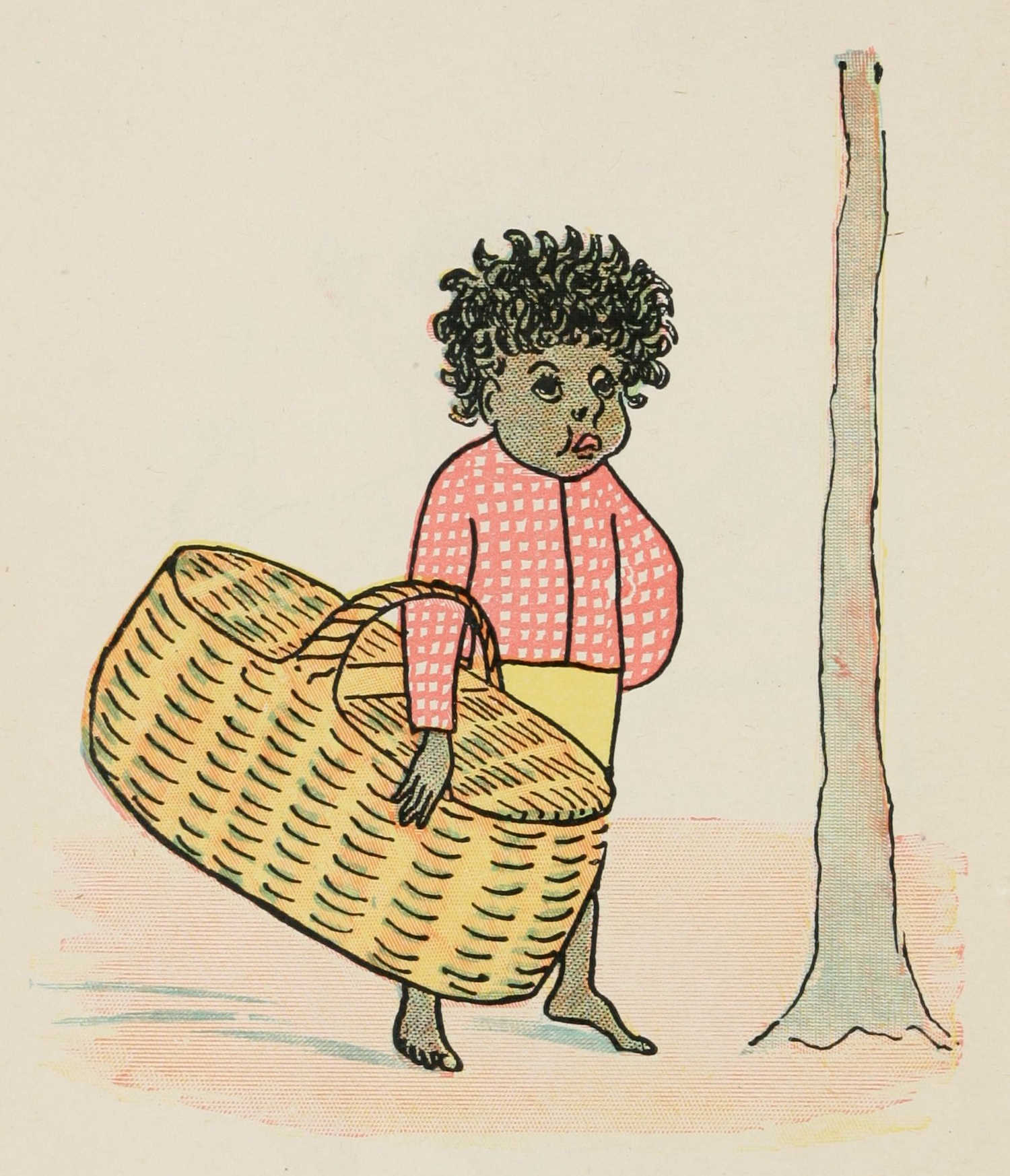 Quibba standing next to a tree with his basket case.