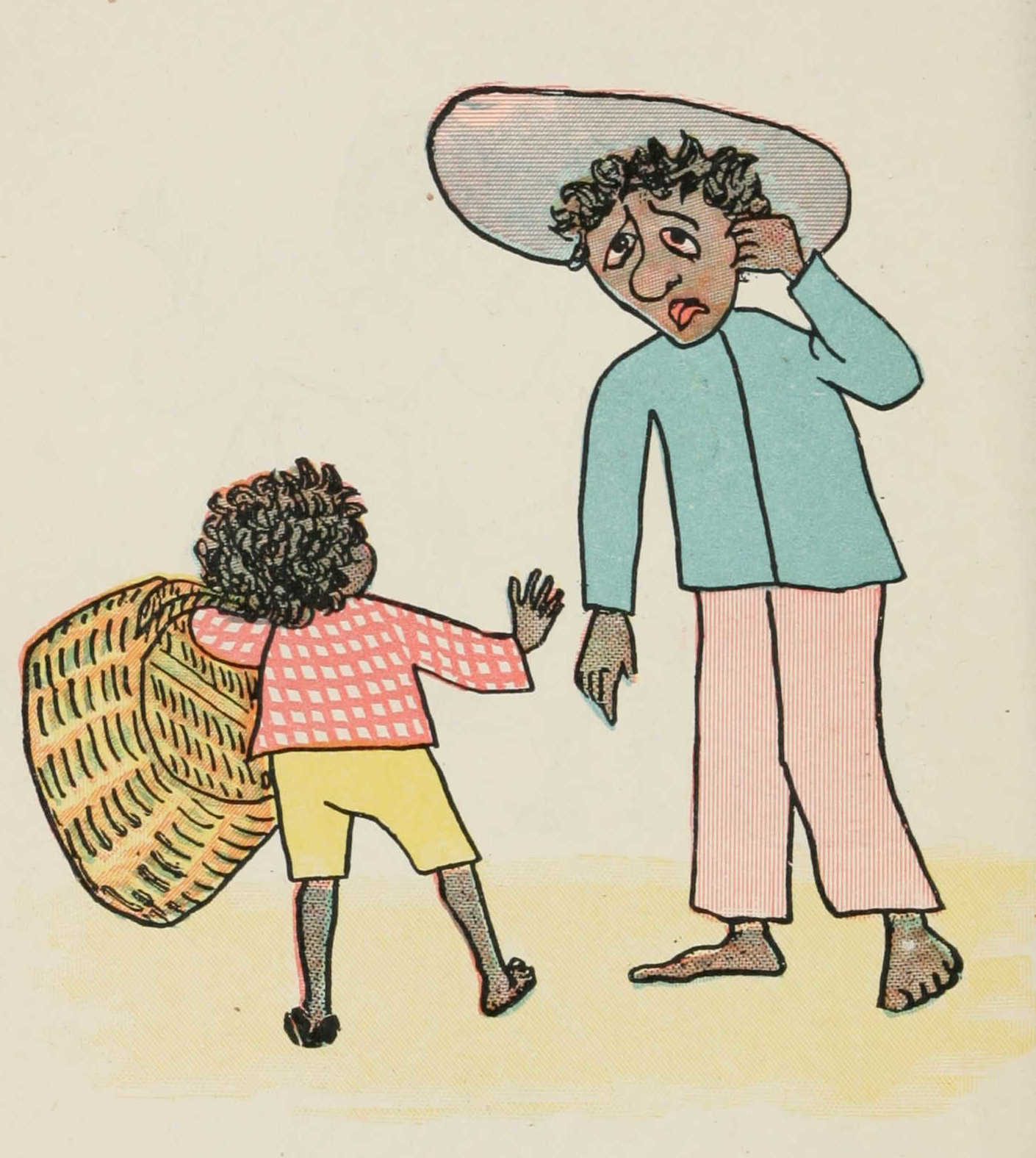 Quibba with his basket case meeting a man and asking him a question. He does not know the answer.