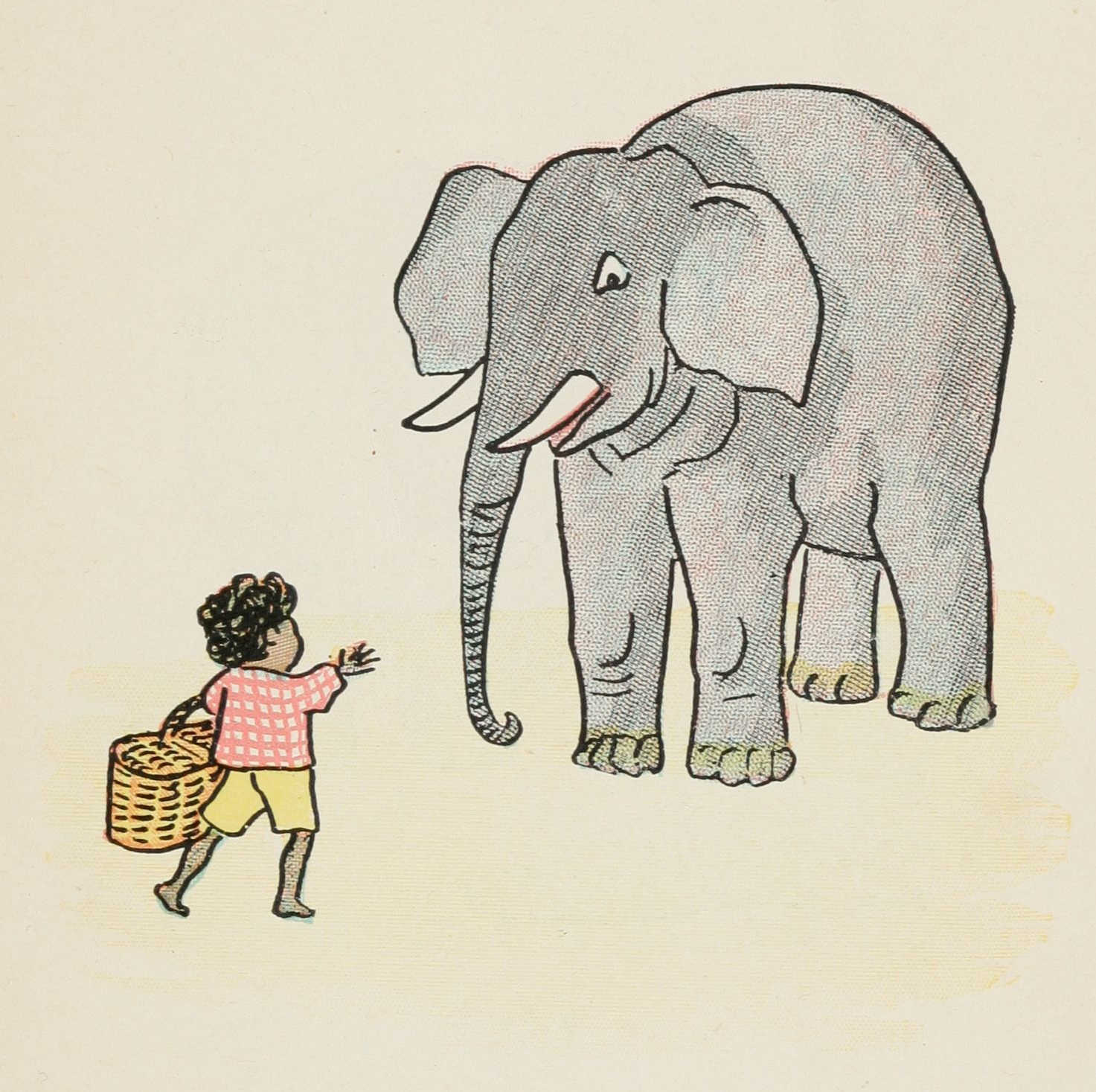 Quibba with his basket case meeting the elephant.
