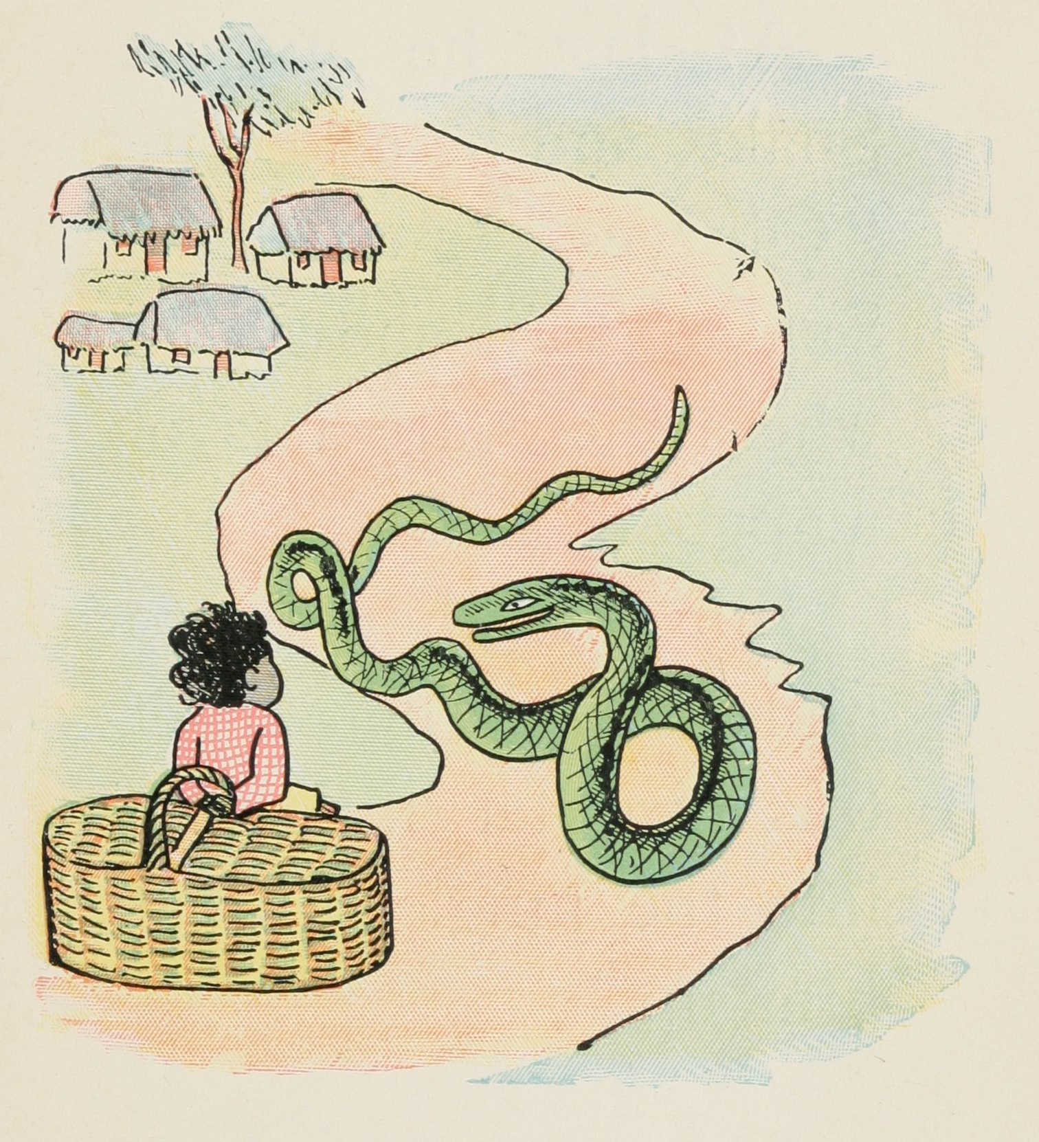 Quibba with his basket case meeting the snake on the road next to a village.