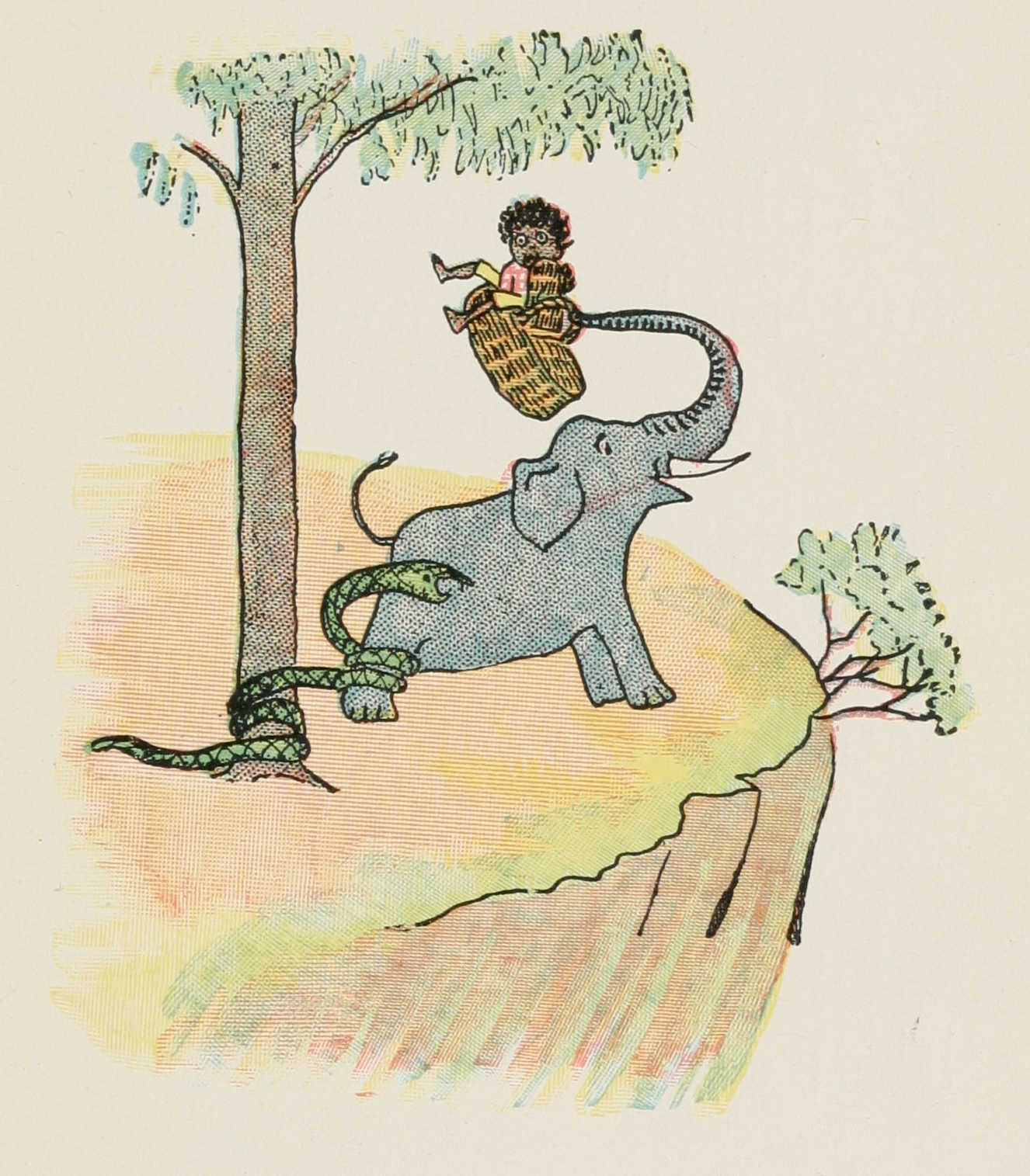 The elephant snatches the basket case with Quibba in it away from the snake.