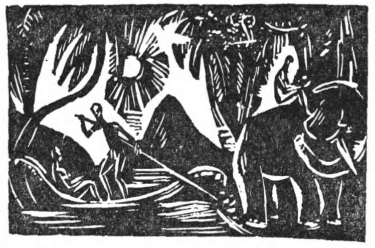 Man in boat and another riding elephant