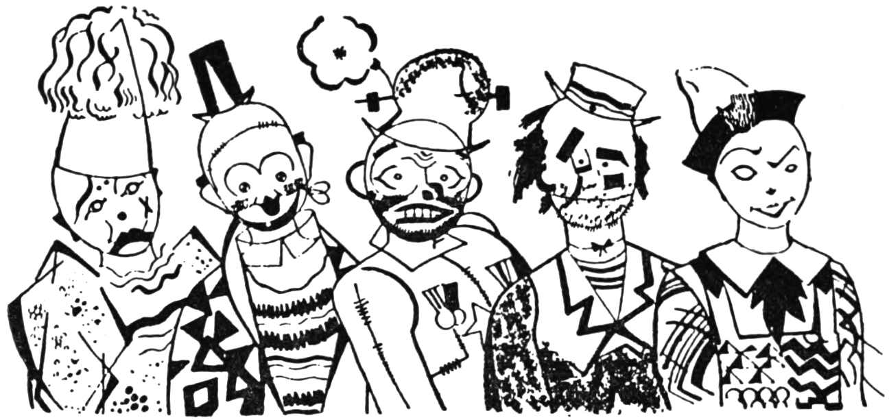 Line of five clowns