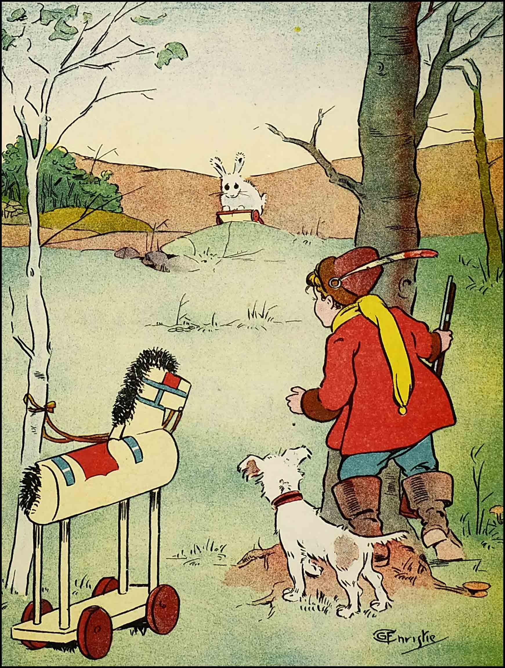 Hobby Horse tied to
a tree, Rag and Dumpy behind another tree, watch savage Bunny approach