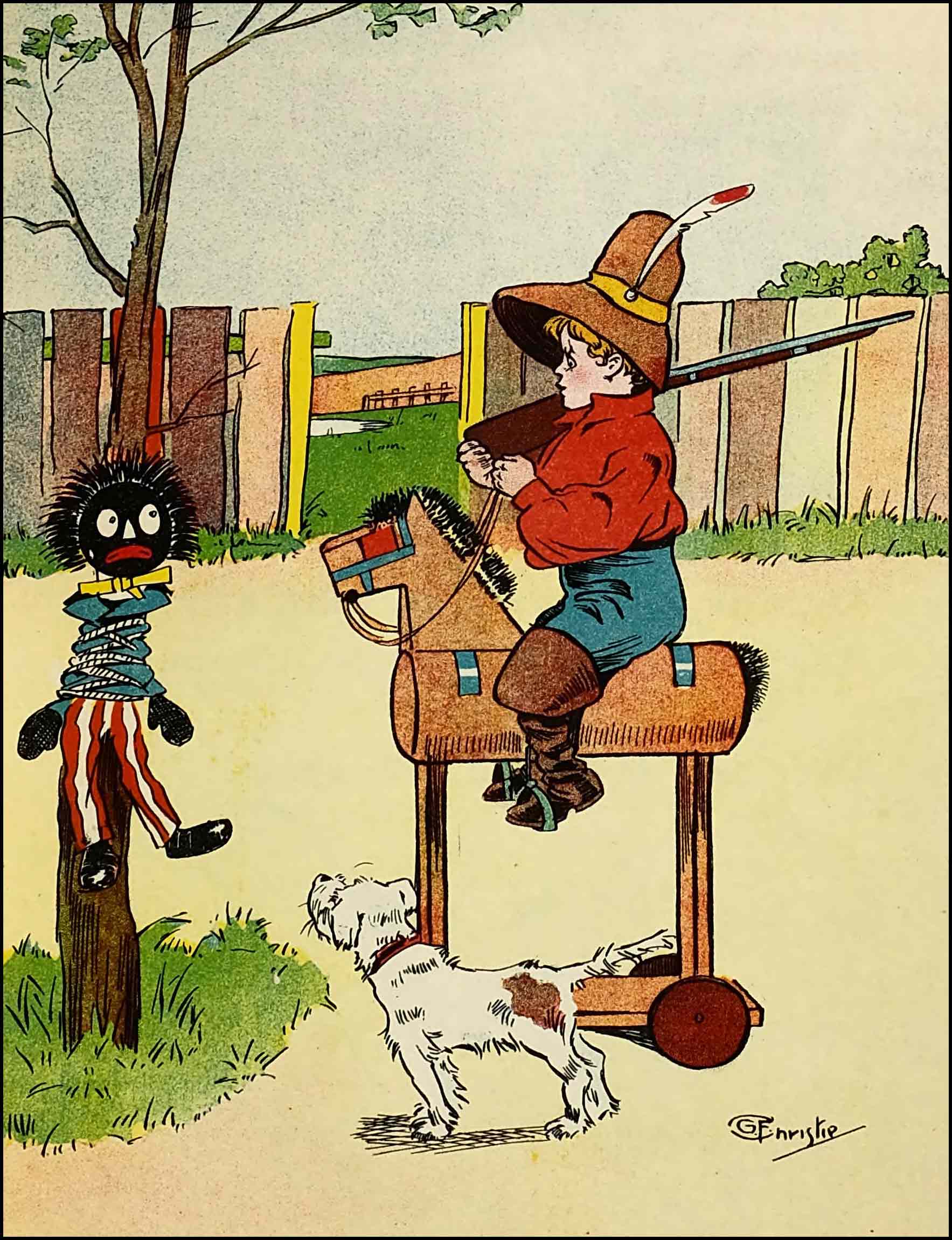 Dumpy rides
the hobby horse, spade in hand, with Rag close by, getting ready to save
Golliwogg who has been tied to a tree