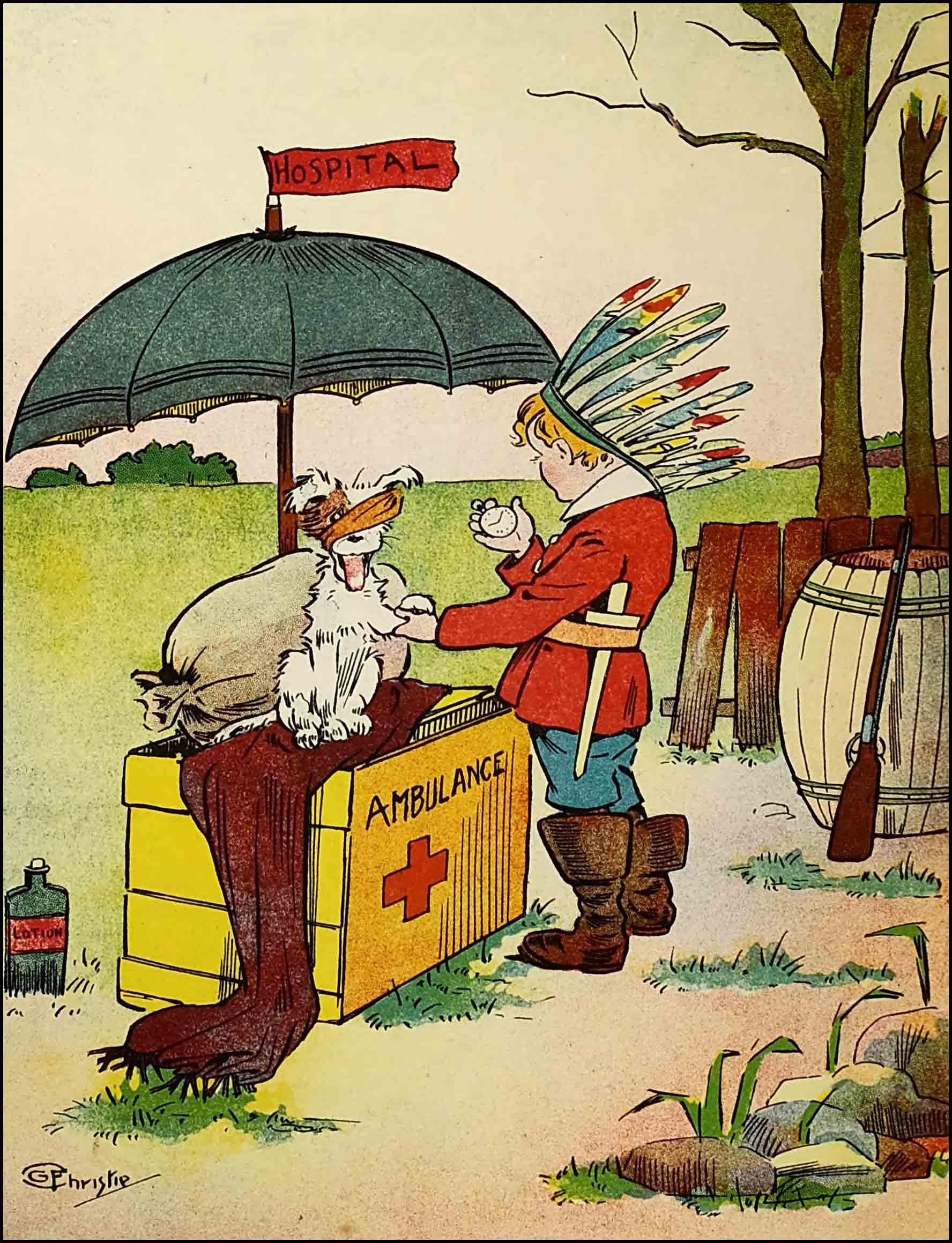 In the makeshift
hospital, Rag sits atop the box, shaded by the umbrella, as Dumpy takes his temperature