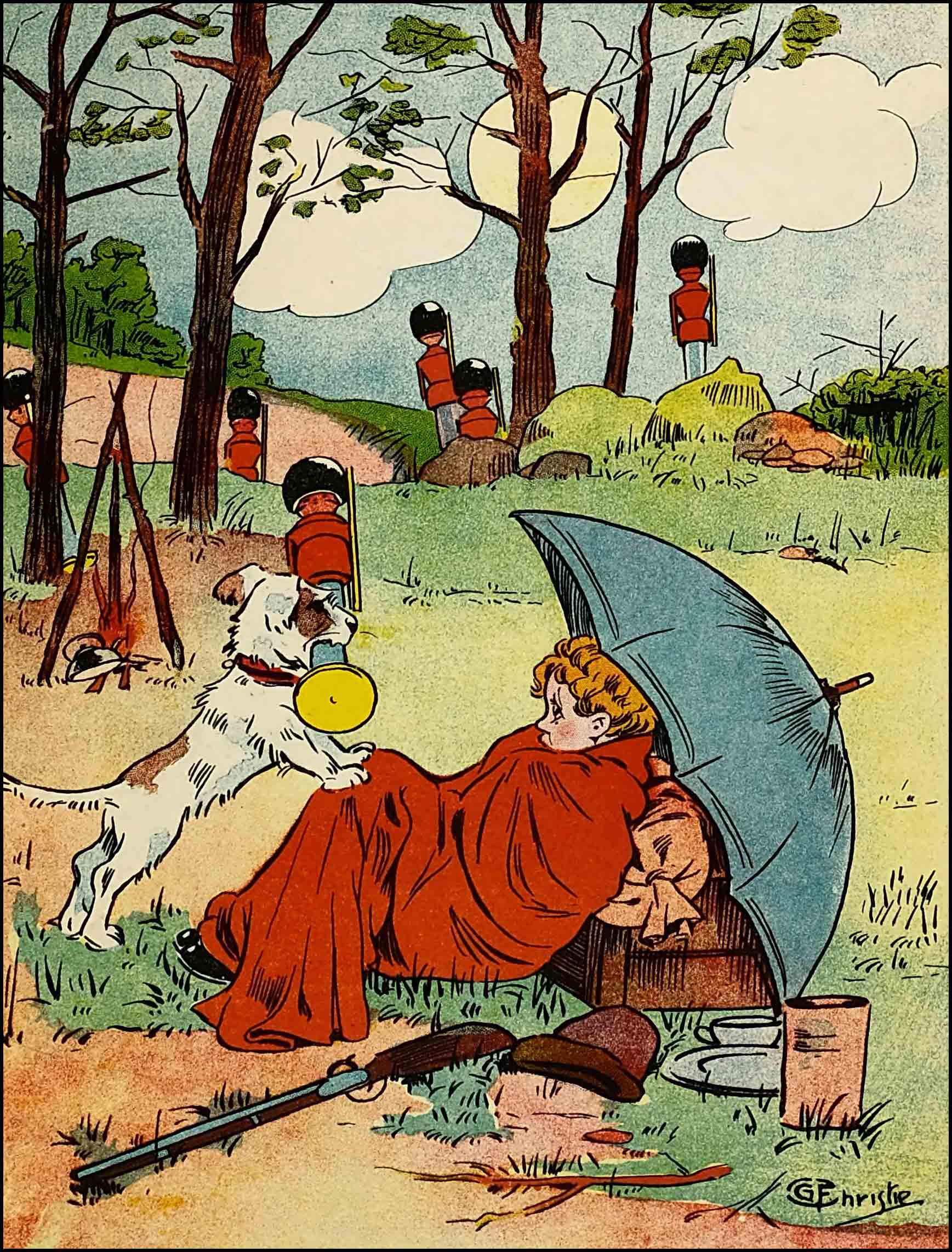 Dumpy sleeps
on the ground, shaded by the umbrella, as Rag brings him the toy solider deserter