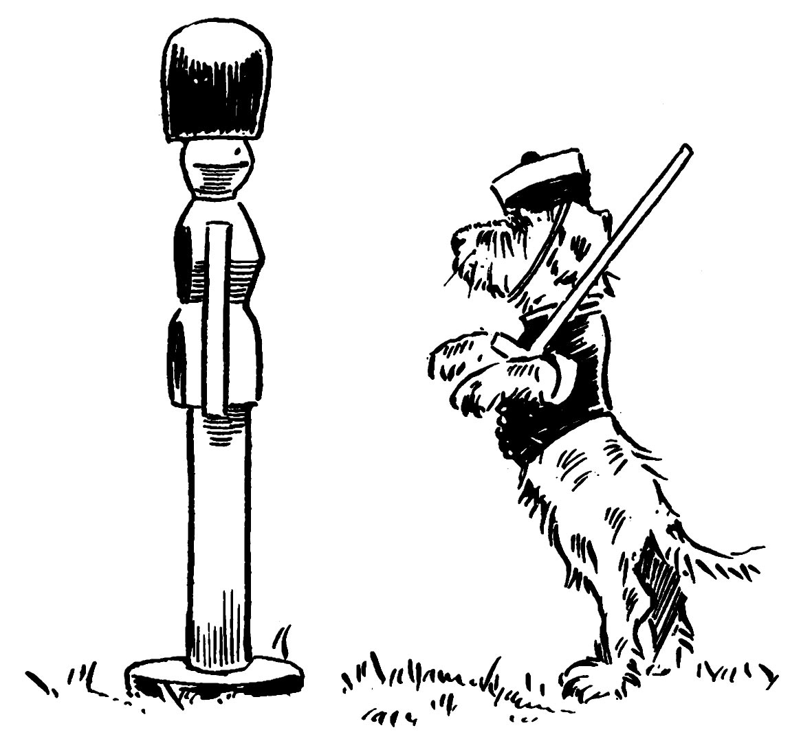 Rag stands
on hind legs facing a toy solider