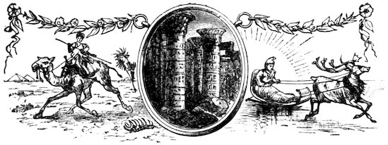 A black and white vintage illustration showing a traveler on a camel, ancient Egyptian pillars in a central oval, and a reindeer-drawn sled.