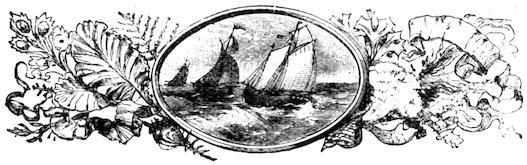An antique engraving of sailing ships at sea enclosed in an oval frame adorned with foliage and ribbons.