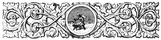 A traveler with a staff and a dog walking through a snowy landscape within a central circular medallion framed by ornate scrolling foliage and acanthus leaves.