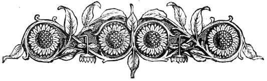 An ornamental floral divider featuring four circular medallions with sunflower-like blossoms surrounded by leaves and scrolling vines.