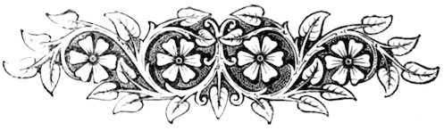 Floral scrollwork divider featuring four five-petaled blossoms and leaves against a textured background.