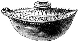 A spouted ceramic vessel with a rounded body and geometric zigzag patterns around the lid and rim.