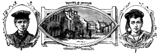 A central street scene featuring buildings and figures within an elongated pointed frame, flanked by two oval portrait frames of individuals wearing caps.