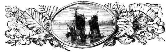 Two sailing vessels on calm water within an oval medallion, flanked by decorative marine foliage and coral.