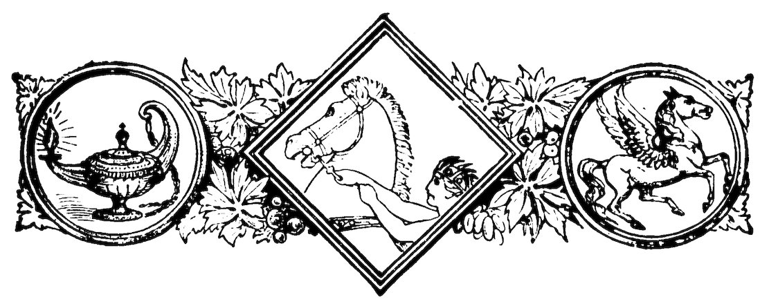 A central diamond-shaped frame containing a figure holding the reins of a horse, flanked by two circular frames enclosing an oil lamp on the left and Pegasus on the right, all set against a backdrop of grapevine foliage.