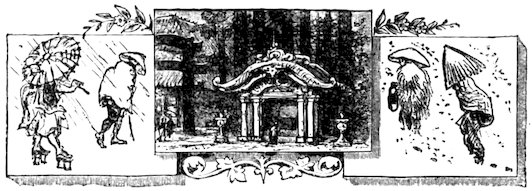 A central panel featuring an ornate Asian-style shrine and gateway in a wooded setting, flanked by side panels showing figures walking in the rain with umbrellas and traditional rain gear.