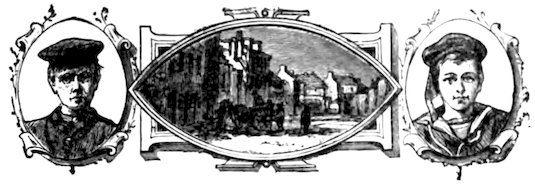 A central landscape featuring a street scene with buildings within an elongated pointed frame, flanked by two oval portrait frames of youths wearing caps.